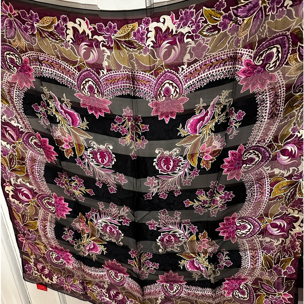 Oscar de la Renta Scarf Shawl Silk Purple Black White Abstract Print 31" Vintage